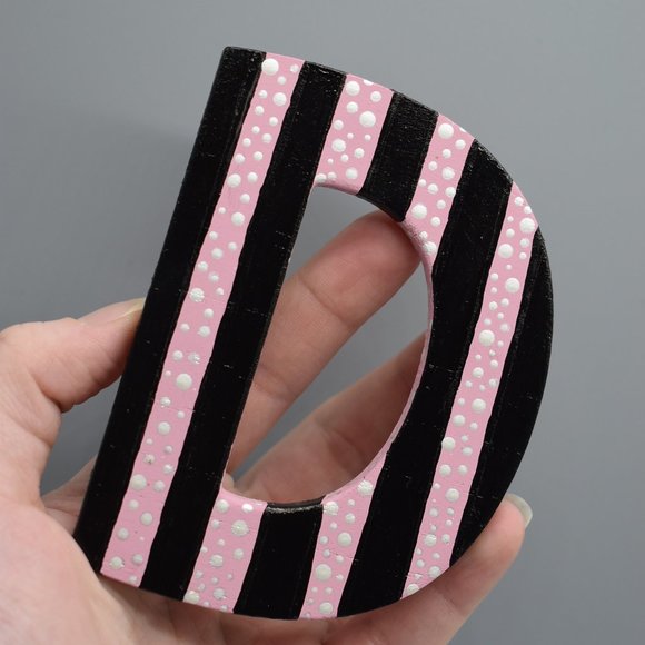HAND CRAFTED Wood Magenet Letter D Hand Painted Pink With Black Stripes - Picture 7 of 8